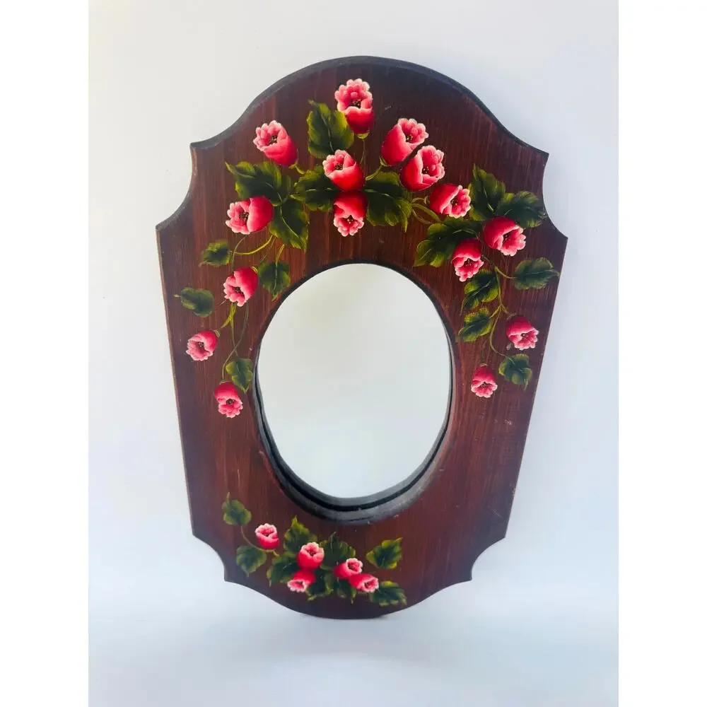 Vintage Hand Painted Floral Wood Wall Mirror Folk Art Pink Flowers